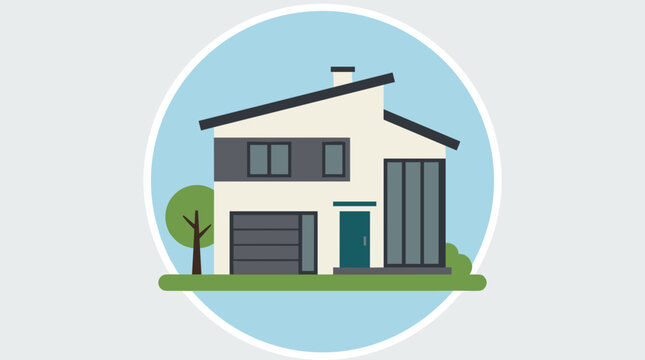 Flat Design Modern Residential House Icon with Garden for Real Estate Concept