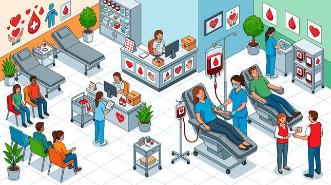 Isometric Illustration of People Donating Blood in a Modern Medical Clinic Center