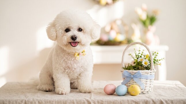 white bichon frise dog sitting with an easter basket and colorful eggs