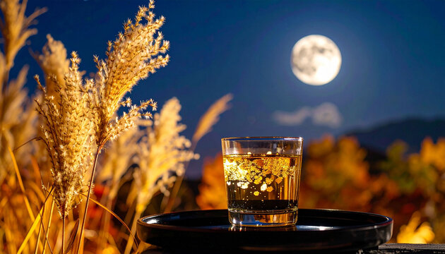 中秋の名月とススキを背景にした日本酒のグラス　お月見の夜の風情ある風景と晩酌のイメージ　秋の夜長を楽しむ宴の風流なコンセプト画像　コピースペースのある夜の野外テーブルの風景写真素材