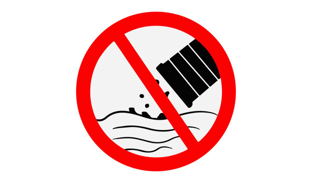 Red prohibition sign for no dumping chemical waste or pollution into water