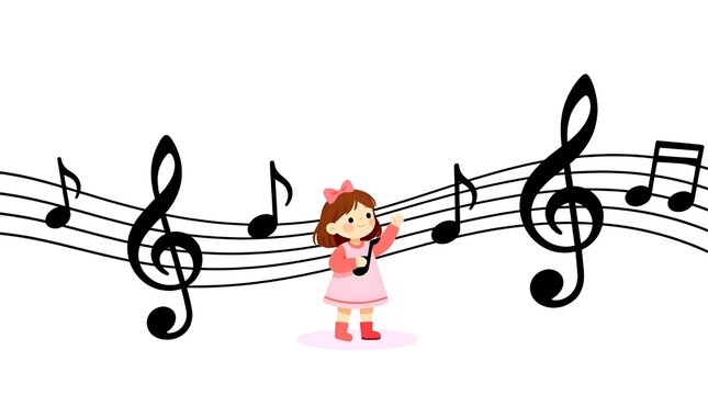 Cute little girl holding a musical note surrounded by giant staff lines and treble clefs, ideal for children music education concept on an isolated white background