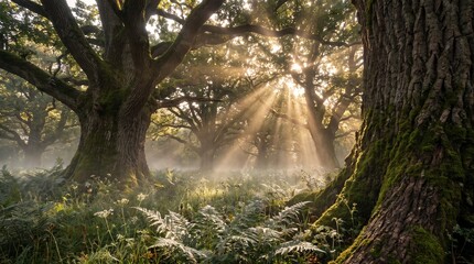 Fototapeta premium An immersive ground-up view that emphasizes the monumental scale of the ancient oaks against the delicate forest floor.