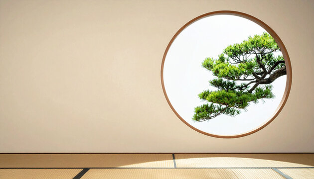 和室の丸窓から見える松の木と畳の風景　日本の伝統建築をイメージした落ち着いた雰囲気の背景素材　文字入れ可能なコピースペースがあるインテリアの画像　禅や静寂をテーマにした広告やバナーに適したデザイン素材