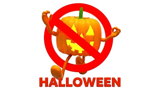 Anti halloween concept featuring a running jack-o-lantern pumpkin mascot inside a red prohibition no sign with red Halloween text isolated on a clean white background.