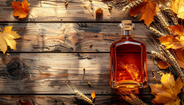 木目のテーブルに置かれた琥珀色の液体が入ったボトルと秋の紅葉や麦の穂　コピースペースがある季節感あふれるナチュラルな木製背景素材　食欲の秋や収穫祭の広告バナーやSNS投稿用イメージ画像