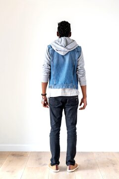 Man in denim vest and jeans stands facing away in a bright room.