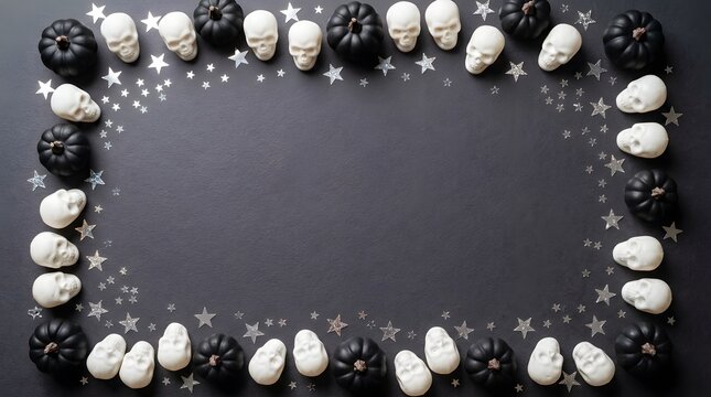 A spooky and creative halloween border composed of realistic looking teeth both dark and white arranged on a dark gray background creating a chilling