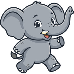 Naklejka premium Cute grey elephant cartoon character walking happily with trunk up, cheerful wildlife animal concept illustration for kids
