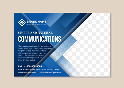 simple and natural communications banner template. horizontal layout with multicolor blue gradient colors on element and background. right shapes for photo place.