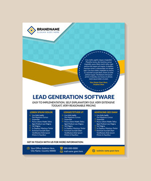 Business flyer design. lead generation software illustration template. combination yellow, gold and blue on elements isolated on white background. space for photo on under blue transparency shapes. 