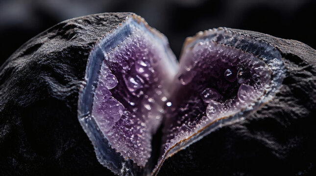 Macro View of Split Geode with Amethyst Crystals and Water Droplets