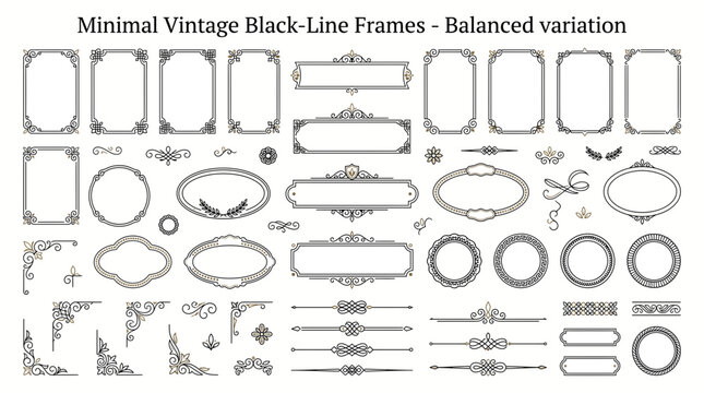 Set of minimal vintage blackline frames and decorative elements for wedding invitations, certificates, and elegant stationery design