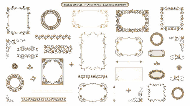 Set of floral vine certificate frames and decorative elements, elegant vintage borders and corners for wedding invitations, diplomas, and certificates