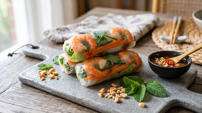 Vietnamese spring rolls with shrimp and vegetables on a gray board