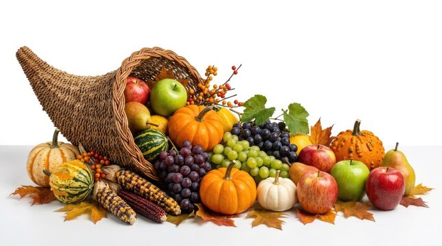 Traditional thanksgiving cornucopia filled with fresh autumn harvest vegetables and fruits isolated on a clean white background