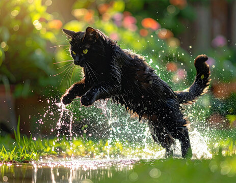 energetic black cat playing with water jets in sunny garden