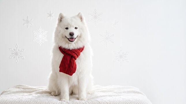 fluffy samoyed dog wearing a red scarf for winter holidays