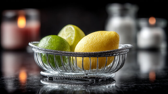 Citrus fruits in a decorative silver wire bowl on a dark table with still life, raw food