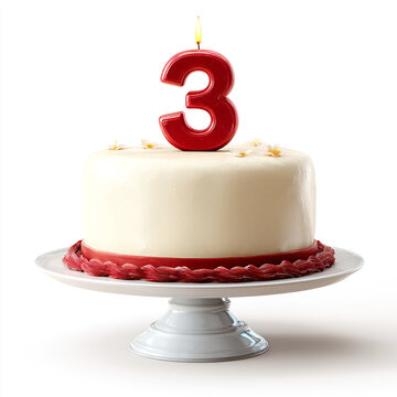 Birthday cake on a stand topped with a single red number three candle growing up party decor