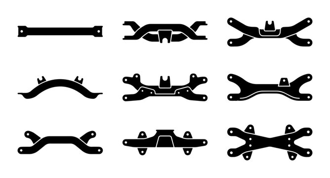 Automotive Suspension Components, Car Chassis Parts, Vehicle Frame Elements, Black Vector Icons