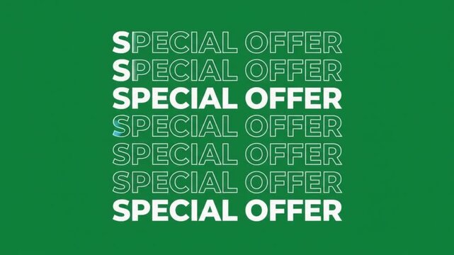 Special Offer kinetic typography animation with repeated bold text, colorful highlights, and clean motion graphics on a green screen background for promotional advertising.