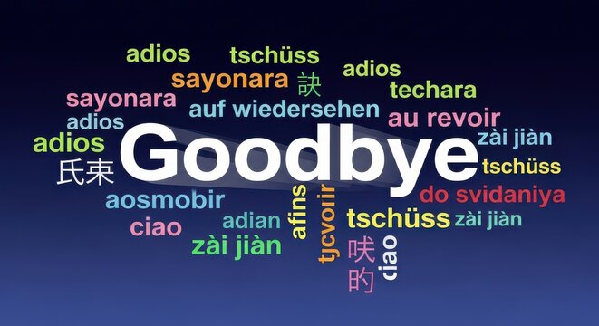 Multilingual Goodbye Word Cloud Illustration Featuring Farewell Greetings in Various Languages on a Dark Blue Background