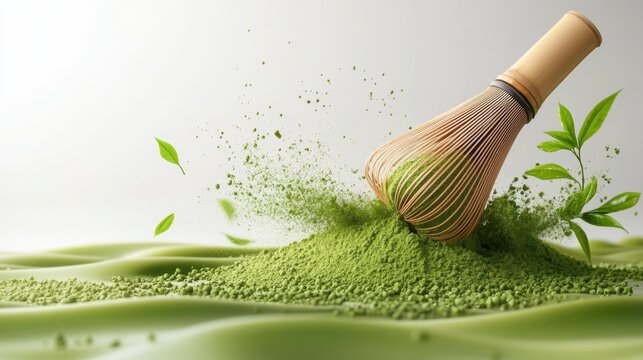 Matcha powder air isolated on white background,superfood powder,diet and healthy life,green tea powder,Japanese tea leaves,popular menu trendy, wellness concept.