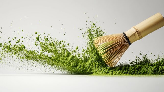 Matcha powder air isolated on white background,superfood powder,diet and healthy life,green tea powder,Japanese tea leaves,popular menu trendy, wellness concept.