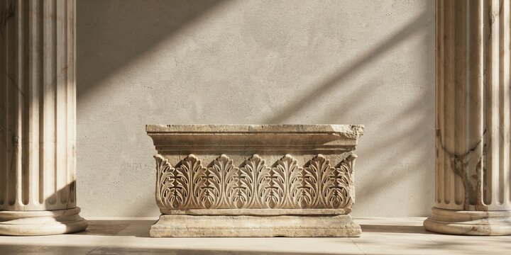 Ancient stone sarcophagus with acanthus carvings between classical columns illuminated by natural light representing historical architecture and art concept