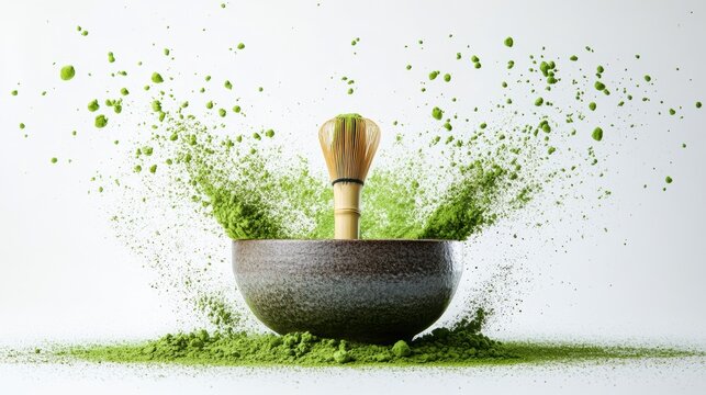 Matcha powder air isolated on white background,superfood powder,diet and healthy life,green tea powder,Japanese tea leaves,popular menu trendy, wellness concept.