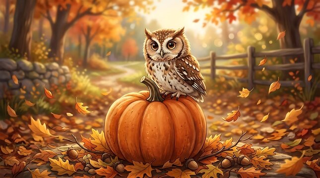 Halloween Owl Pumpkin sitting on a large orange gourd in a sunny autumn forest with falling leaves for seasonal festive background and marketing banners.