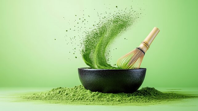 Matcha powder air isolated on white background,superfood powder,diet and healthy life,green tea powder,Japanese tea leaves,popular menu trendy, wellness concept.