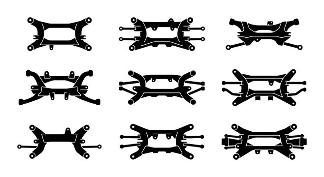 Automotive Suspension Subframe Vector Icons, Car Chassis Components, Mechanical Engineering Design Elements