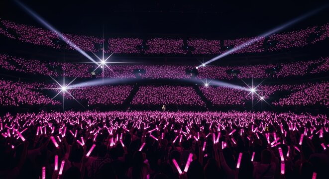 Large Crowd of Fans Holding Pink Light Sticks at a Stadium Music Concert with Bright Spotlights and Energetic Atmosphere