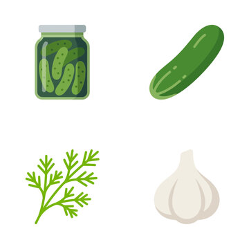 Pickles jar, cucumber, dill herb, and garlic bulb arranged together as a set of flat vector food icons.
