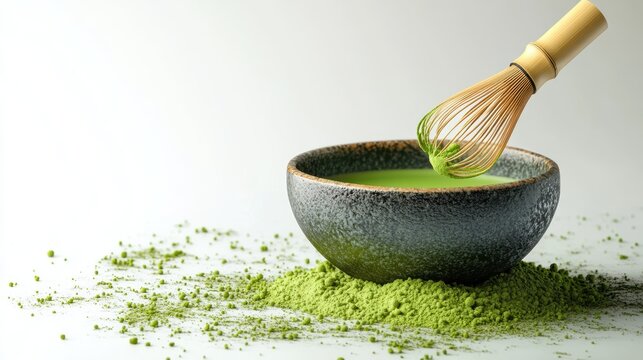 Matcha powder air isolated on white background,superfood powder,diet and healthy life,green tea powder,Japanese tea leaves,popular menu trendy, wellness concept.