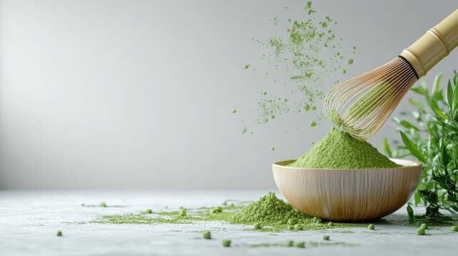 Matcha powder air isolated on white background,superfood powder,diet and healthy life,green tea powder,Japanese tea leaves,popular menu trendy, wellness concept.