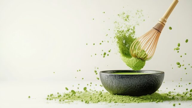 Matcha powder air isolated on white background,superfood powder,diet and healthy life,green tea powder,Japanese tea leaves,popular menu trendy, wellness concept.