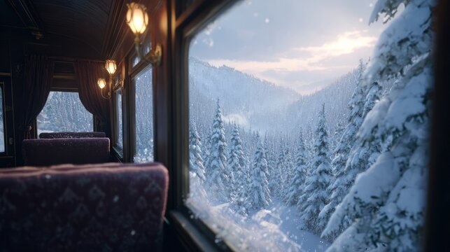 A cinematic shot of a train journey through a snowy mountain landscape, viewed from inside a warm, decorated carriage