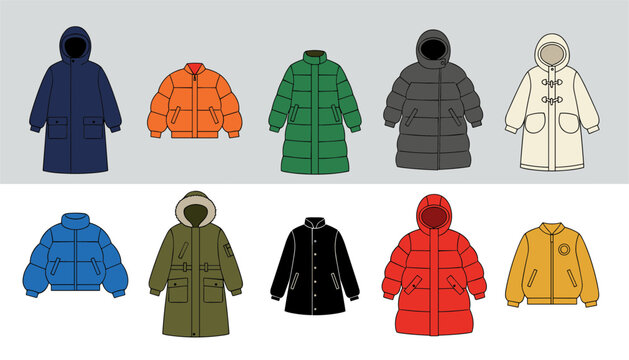Collection of modern winter puffer coats and down jackets in various styles and colors for cold weather fashion.