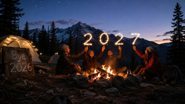 Four friends celebrate the new year 2027 around a campfire in a mountainous forest setting at dusk.