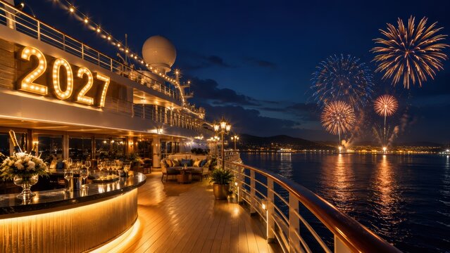  luxurious cruise ship deck at night celebrating the New Year 2027 with fireworks over calm waters.
