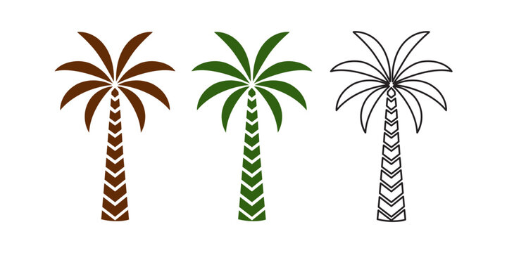 palm tree silhouette vector line icon set, black and green color and white background. Black and green palm tree icons in different styles