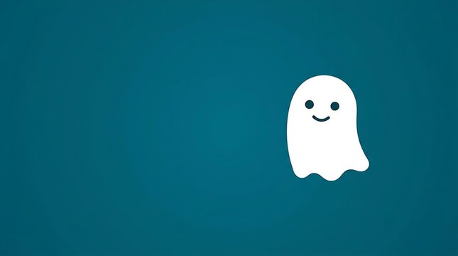 Minimalist Halloween ghost illustration on dark teal background for seasonal web hero banner and digital marketing presentation background design