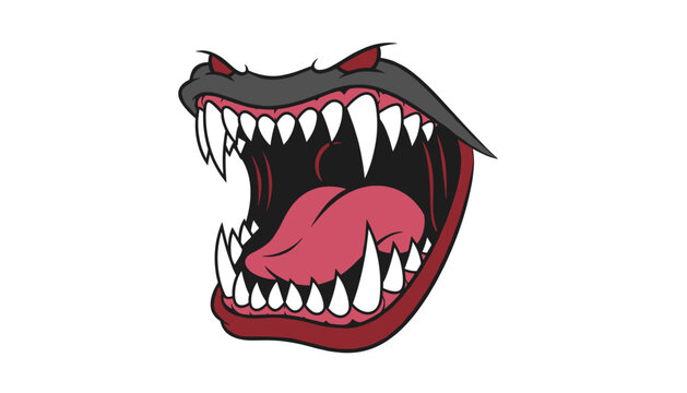 Terrifying cartoon monster mouth with rows of sharp white fangs and a large pink tongue on a white background.