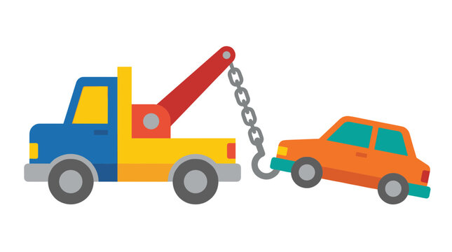 Flat design vector illustration of a blue and yellow tow truck towing an orange car with a hook and chain.