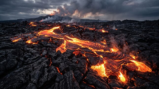 A powerful volcanic eruption with glowing molten lava flowing across a barren, rocky landscape under a dramatic, stormy sky.