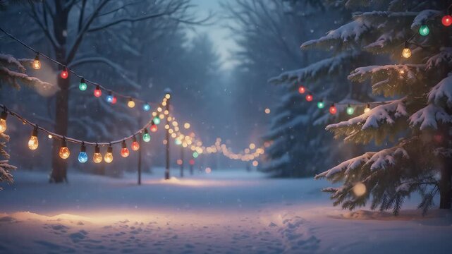 Snowy forest pathway illuminated by colorful glowing string lights at night winter scene