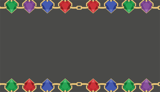 Elegant frame border made of colorful gemstones, diamonds, and gold chains over a dark grey background.